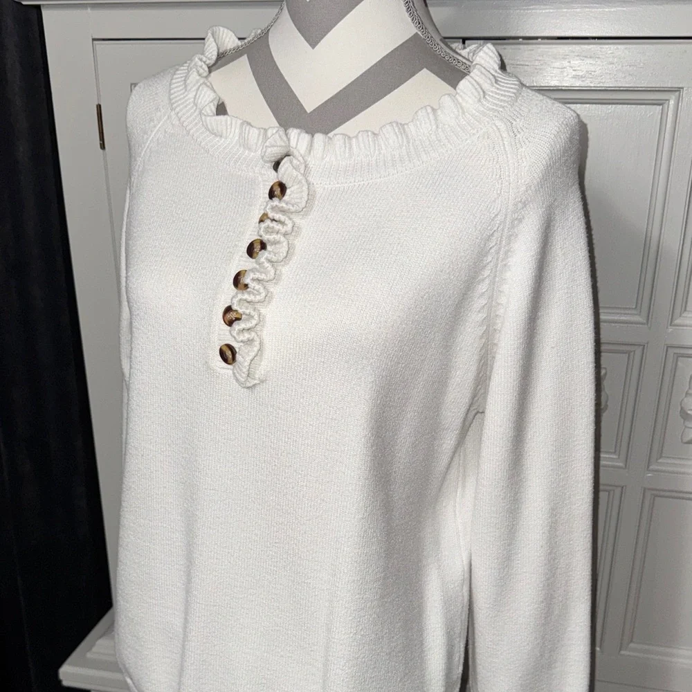 BTFBM Women's White Ruffled Sweater with Brown Buttons Size Small - Picture 3 of 12